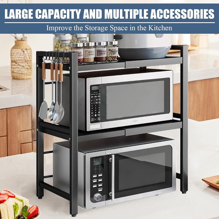 Регульована полиця для мікрохвильової печі, 3-рівнева розширювана стійка, органайзер для кухні з 6 гачками, з вуглецевої сталі, чорний