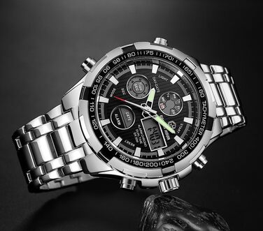 Чоловічий годинник з хронографом: сталевий, водонепроникний, з датою та будильником, аналогово-цифровий дисплей, срібно-чорний