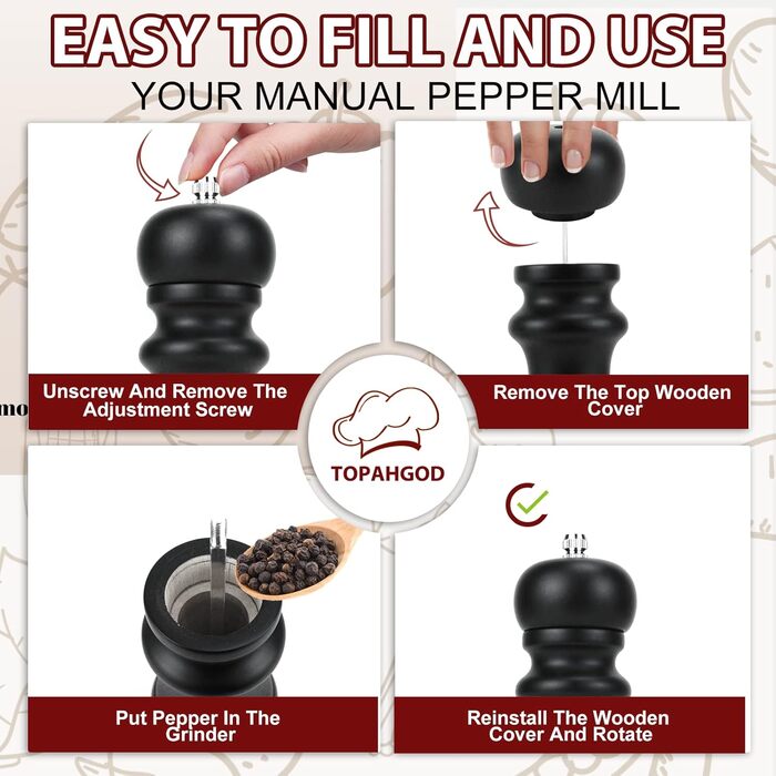Набір для солі та перцю: ручні млини для перцю та солі, чорного кольору, великі. Дерев'яні млини для спецій з регульованою керамічною помелювальною камерою (від дрібної до грубої). 6,5 дюйми для морської солі, чилі, грубої солі (чорний та білий), 2 шт.