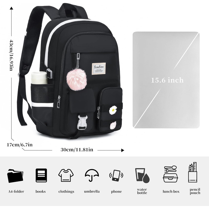 Шкільний рюкзак YAMTION для підлітків, 15.6 дюймів, чорний. Підходить для школярів, студентів середньої та вищої школи.