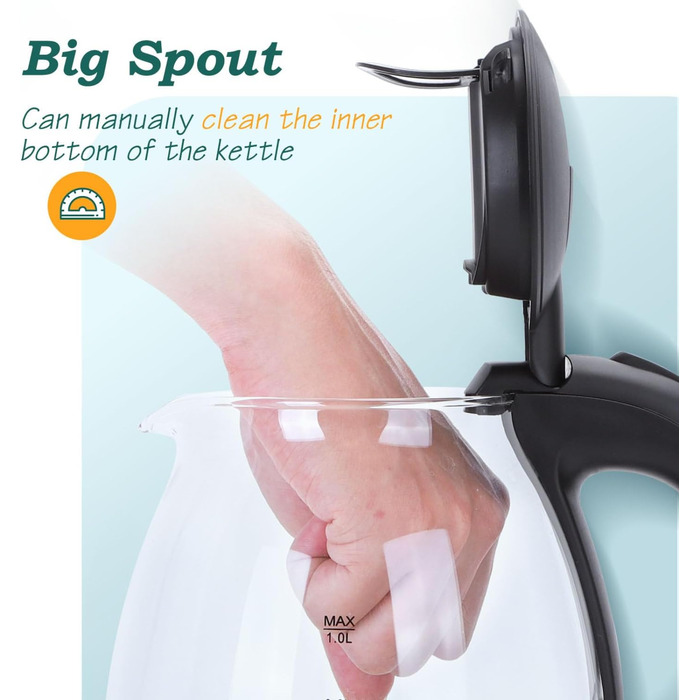 Електричний чайник Aigostar Elfin 1 л, 2200W, з LED-підсвічуванням, з боросилікатного скла, міні-чайник для дому, офісу, гуртожитку, BPA Free, чорний