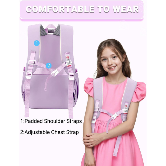Шкільний рюкзак для дівчаток 2-10 класів, 32L, легкий дитячий рюкзак | Дихаюча спинка | М'які лямки | Брест-стрічка, ранці для школи, рюкзак для підлітків 8+ років, фіолетовий
