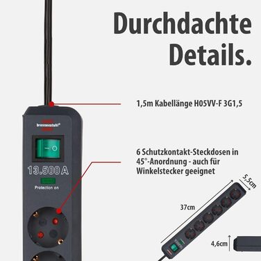 Мережевий фільтр Brennenstuhl Eco-Line на 6 розеток з захистом від перенапруги, вимикачем та кабелем 1.5м, антрацит