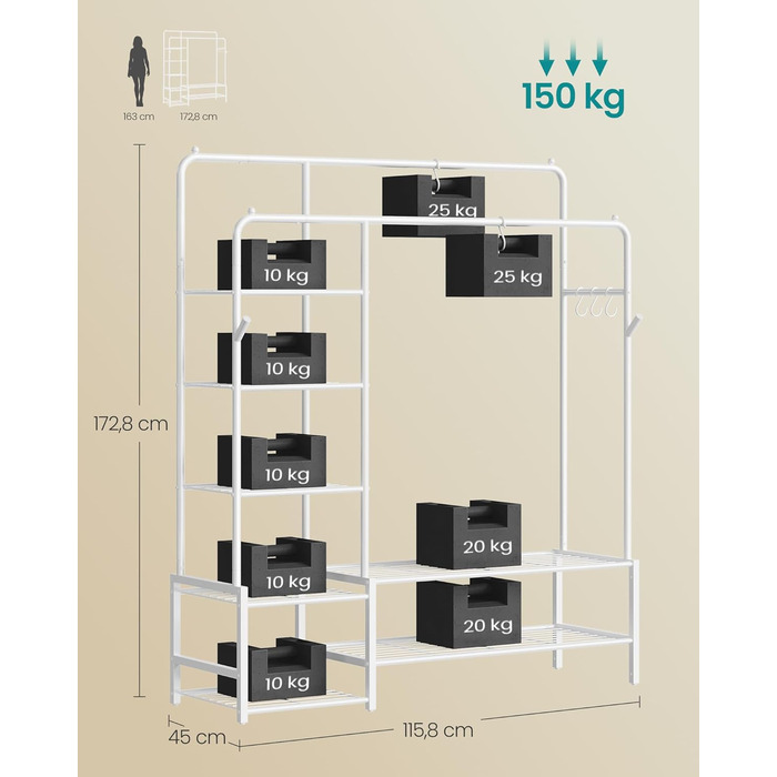 SONGMICS Стійка для одягу, відкрита шафа, вішалка для одягу з 7 полицями, металевий каркас, перекладина для одягу, для спальні, вітальні, передпокою, HSR182B01 (Білий, 115,8B см)