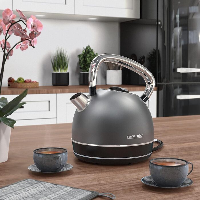 Arendo Retro Stainless Steel Kettle - 2.2L, 2200W, Cool Grey - Electric Kettle with Removable Scale Filter & Auto Shutoff