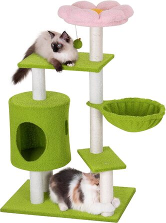 Кігтеточка-будинок для котів з квітами, 104 см, зелено-рожевий. Багатоповерхова кігтеточка з гамаком та будиночком.