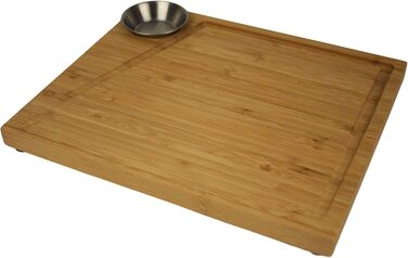 Bamboo Steak Board 2-Piece Set with Stainless Steel Sauce Containers and Juice Groove, Professional Wooden Serving Board for Meat, with 4 Non-Slip Feet, Dimensions: 30 x 25 x 3 cm