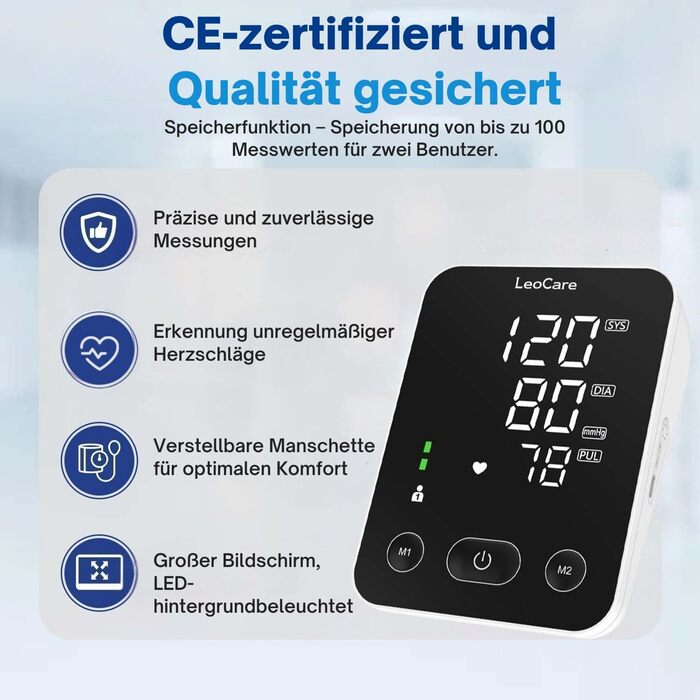 Тонометр LeoCare 528 для вимірювання артеріального тиску на плечі, CE-сертифікований, з функцією виявлення аритмії, для домашнього використання