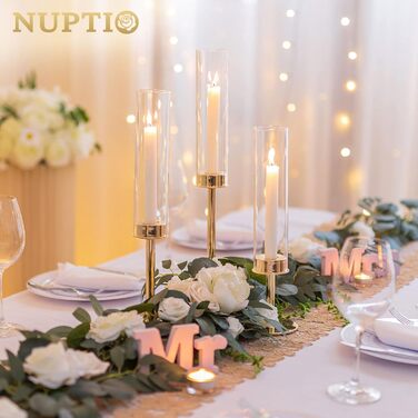 NUPTIO золоті скляні підсвічники-циліндри для свічок, набір 6 шт., металеві великі тримачі без дна для весілля, вечірки, декор столу, вітальня, обідній стіл