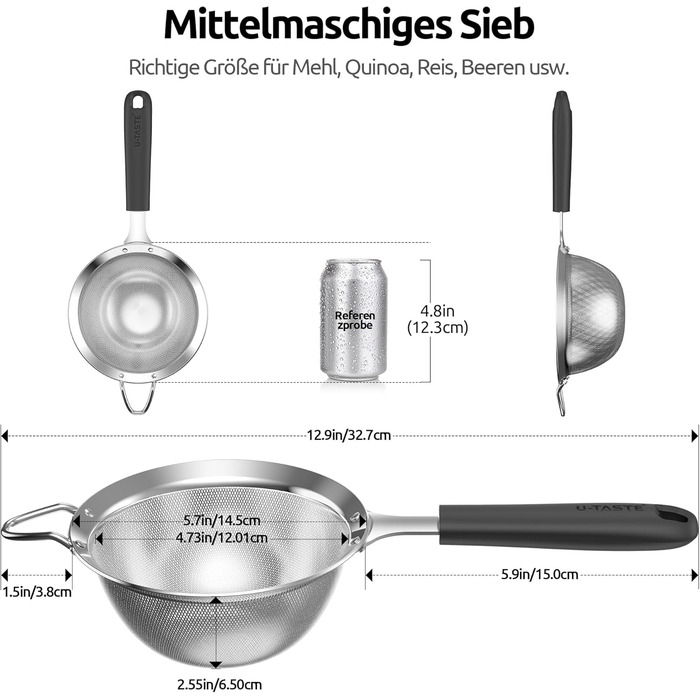 U-Taste Fine Mesh Sieve: Kitchen sieve made of 18/8 stainless steel, medium-sized metal sieve with a riveted, stable silicone handle for sifting flour, draining tea, rice, quinoa (Black, 12 cm)
