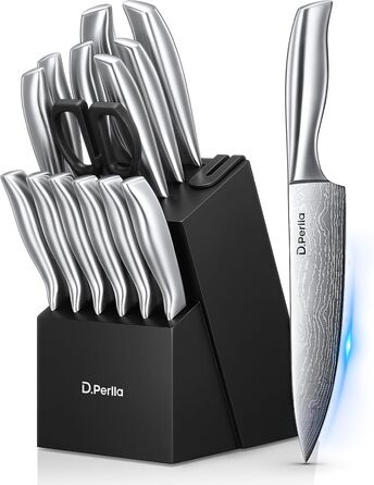 D.Perlla 15-Piece Self-Sharpening Knife Block Set - Professional Stainless Steel Kitchen Knife Set with Ergonomic Handles & Wooden Block