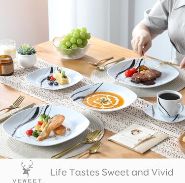 Набір посуду VEWEET FIONA (30 предметів): тарілки та миски для 4 осіб, чорно-сі лінії, для вечері, безпечний у мікрохвильовці та посудомийній машині