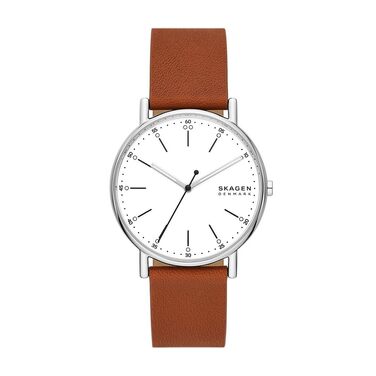 Годинник Skagen Signatur для чоловіків з кварцовим механізмом та шкіряним ремінцем (колір: коричневий та білий)