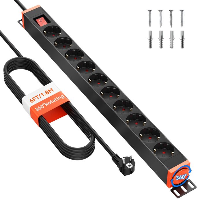 Мережевий фільтр 10 розеток з захистом від перенапруги, поворотний на 360°, для кріплення на стіну, кабель 1,8м, 16A/4000W, для офісу та дому, чорний