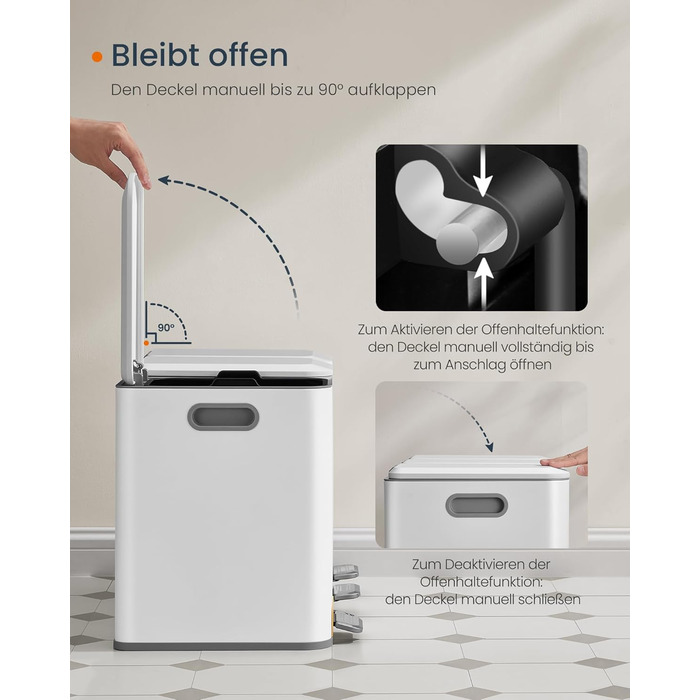 SONGMICS Відро для сміття кухонне, 3 відсіки по 15 л, з педалями, сортувальник сміття, з кришками та внутрішніми відрами, сталь, білий LTB740W02V1