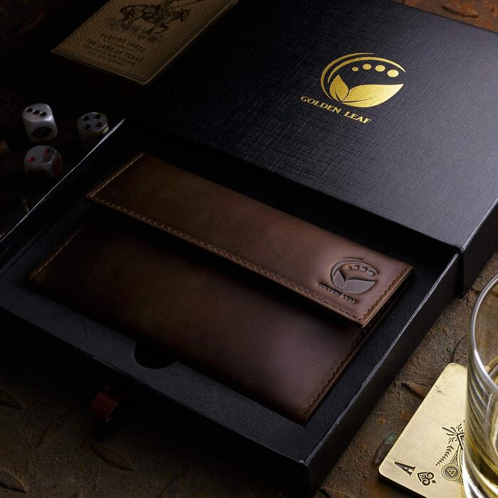 Golden Leaf Leather Tobacco Pouch | Elegant Leather Tobacco Bag with space for tobacco, filters, and a double pack of rolling papers | With an extra pocket for additional accessories | Rolling tobacco pouch for women & men