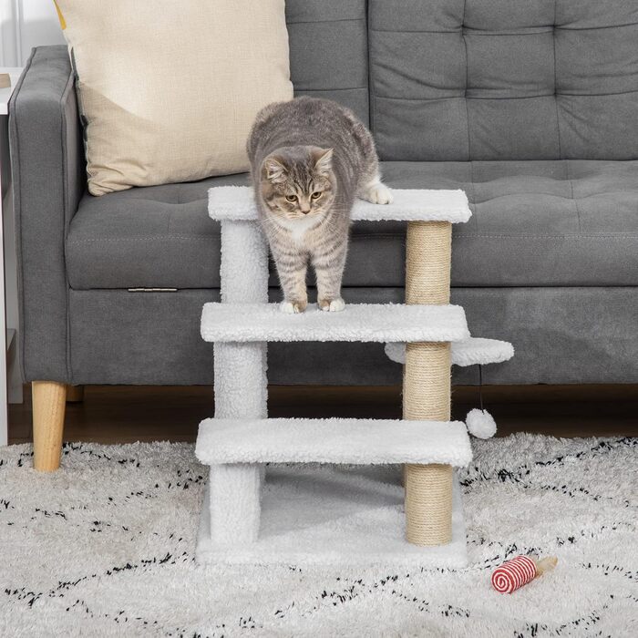 PawHut 3-Step Pet Staircase with Scratching Posts, Ball, Dog Staircase, Animal Staircase for Cats up to 5 kg, Plush Jute, White, 45 x 40 x 48 cm