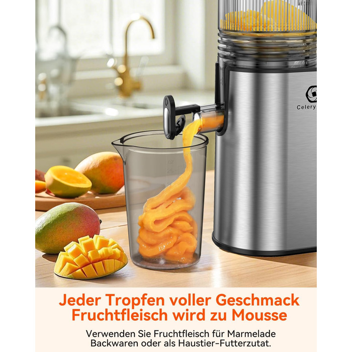 Соковитискач CelerySpec Slow Juicer - переможець тесту, для цілих овочів та фруктів, 130 мм, 1.8л, BPA-free, 250W, з функцією зворотного ходу, нержавіюча сталь, чорний