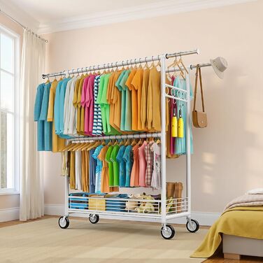 Вішалка для одягу Bomclap, міцна, на колесах, розсувна, з 3 перекладинами, 8 гачків та полицею, до 160 кг, біла