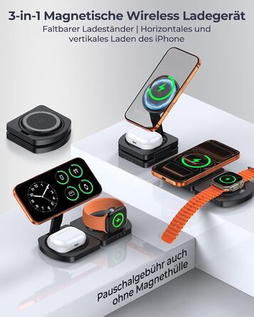 Бездротова зарядка Induktive для iPhone 17 Air/16/15/14/13/12, 3-в-1 з підтримкою MagSafe, Apple Watch та AirPods, чорний матовий