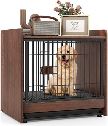COSTWAY Клітка для собак 2 в 1 з нічним столиком, дерев'яна, коричнева, 62x49,5x61 см