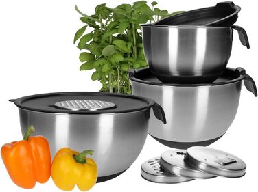 Stainless steel key set, 11-piece, anti-slip mixing bowls with lid, handle, measuring cup, and spout, including accessories, dough scraper, vegetable slicer for grating salad, stackable