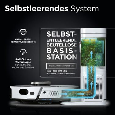 Робот-пилосос Shark PowerDetect з базою самоочищення, самостійно спустошується до 60 днів, для шерсті тварин, килимів та твердих підлог, з 3D- та LiDAR-навігацією, 14,5 см заввишки, білий