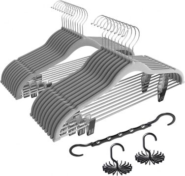 Вело Преміум плюшеві вішалки для одягу з металевими кліпсами, антиковзні та економні, з 1 магічною вішалкою та 2 тримачами для краваток, ідеальні для жінок та чоловіків, 20 шт. (20-PACK, Сірий)