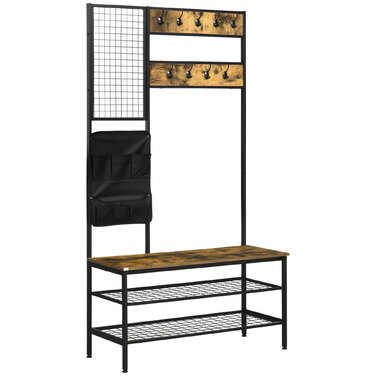 HOMCOM Wardrobe in Industrial Design, 1 Memo Board, 1 Shoe Bench, 8 Clothes Hooks, 1 Storage Bag, Black + Brown