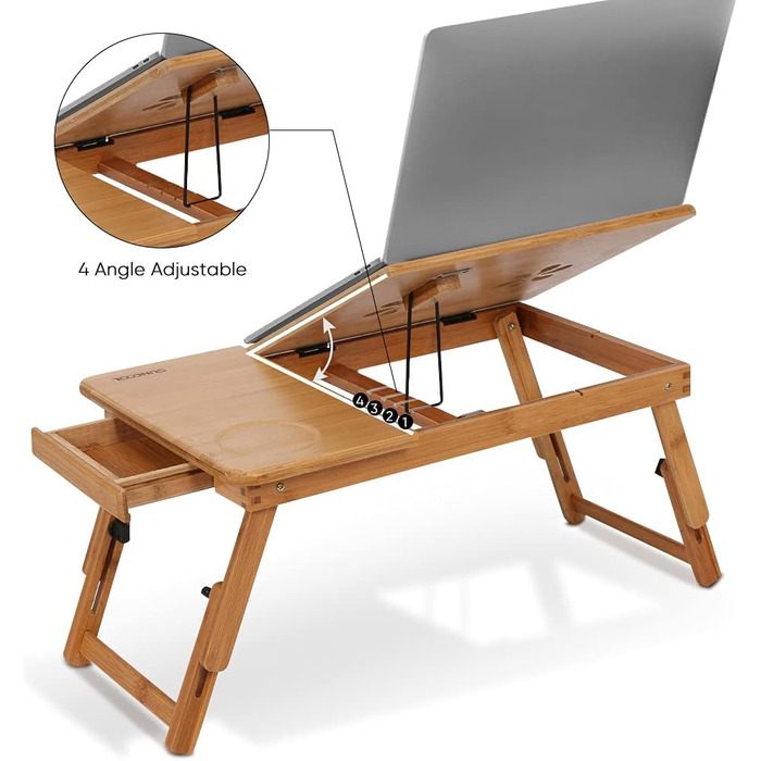 Бамбуковий портативний стіл-підставка для ноутбука з ящиком та вентиляційними отворами, регульований, багатофункціональний для ліжка та дивану