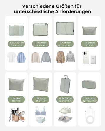 Органайзери для валізи Packing Cubes, 8 шт., сірі - дорожній набір для подорожей, водонепроникні, з косметичкою