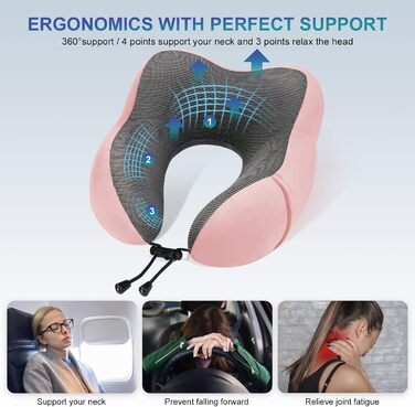 Подушка для шиї Eono з піною Memory Foam, ергономічна, для подорожей, з маскою для сну та навушниками, рожева