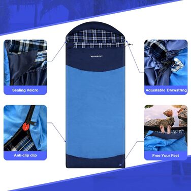 Спальний мішок WKFAMOUT Ultralight Flanell для дорослих, 220x80 см, блакитний. Підходить для кемпінгу, подорожей, літа. Легкий, компактний, машинного прання.