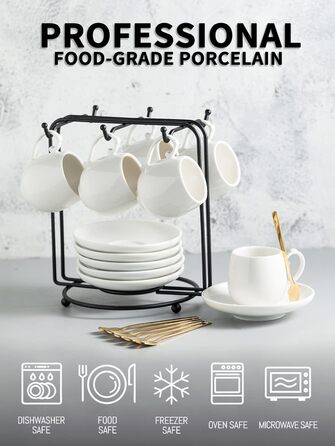 Набір кавових чашок для еспресо LYEOBOH (6 шт.) з підставками та ложками, 85 мл, кераміка, білий