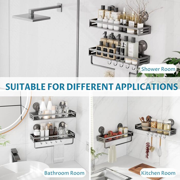 Настінна поличка для душу Onemake з присосками, 2 шт., 40 см, чорна матова