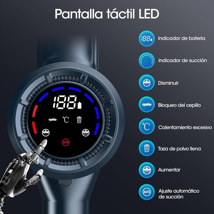 Бездротовий пилосос з HEPA-фільтром, 120 000 об/хв, до 50 хв роботи від акумулятора, LED-дисплей, антизаплутана щітка, 400W