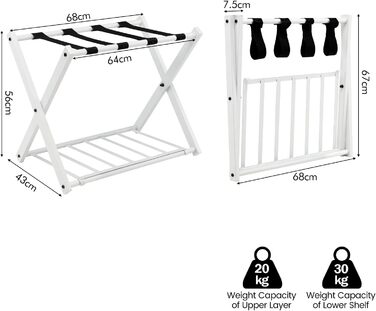 GIANTEX Folding Luggage Rack 2-Tier 68 x 43 x 58 cm Luggage Shelf Baggage Rack Metal Space-Saving Luggage Stand for Bedroom Guest Room Hotel Black (2 Pieces, Black) (2 Pieces, White)