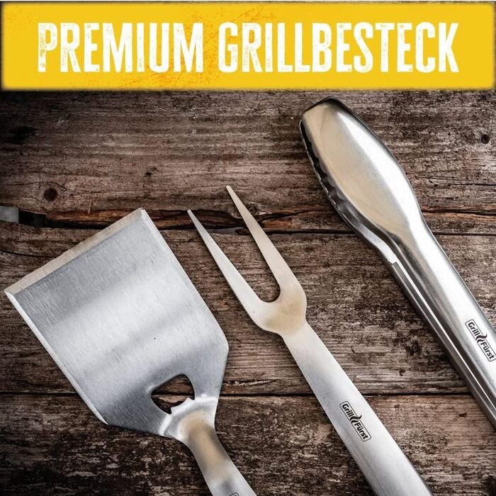 Преміум набір інструментів для барбекю Grillfürst з нержавіючої сталі, 3 предмети: щипці, лопатка, вилка, з петлями для підвішування, подарункова упаковка