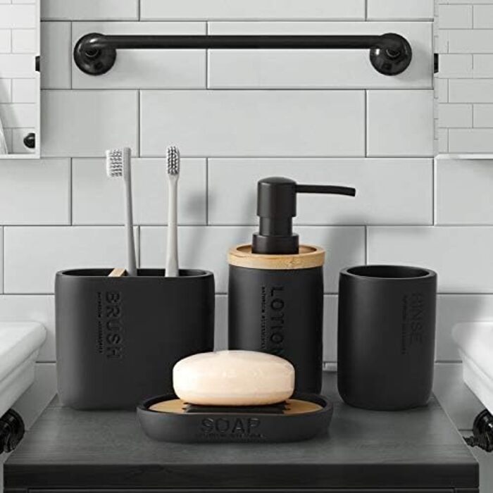 Набір аксесуарів для ванної кімнати з бамбуком/деревом, чорний: дозатор мила, тримач зубних щіток, мильниця