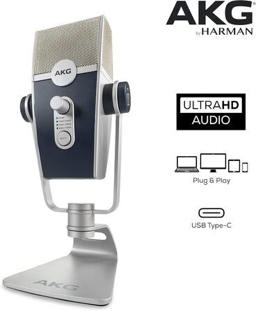 Мікрофон конденсаторний AKG Ara USB-C, для подкастів, відео, геймінгу та стрімінгу, синьо-срібний