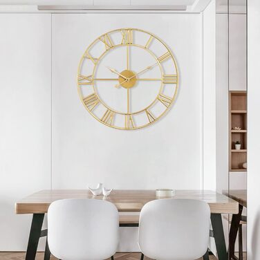 Maxstar Modern Roman Numeral Large Wall Clocks, Non-Ticking Round Metal Silent Vintage Wall Clock for Living Room, Kitchen, Bedroom, Garden Decor - Gold 40cm