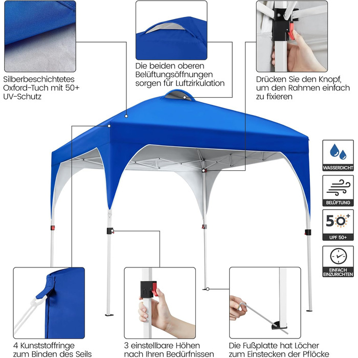 Yaheetech Pop-Up Gazebo 2.4 x 2.4 m, Height Adjustable Garden Gazebo, Waterproof & Sun Protection Party Tent Garden Tent with Rolling Carry Bag for Outdoor Market Garden Yard, Blue
