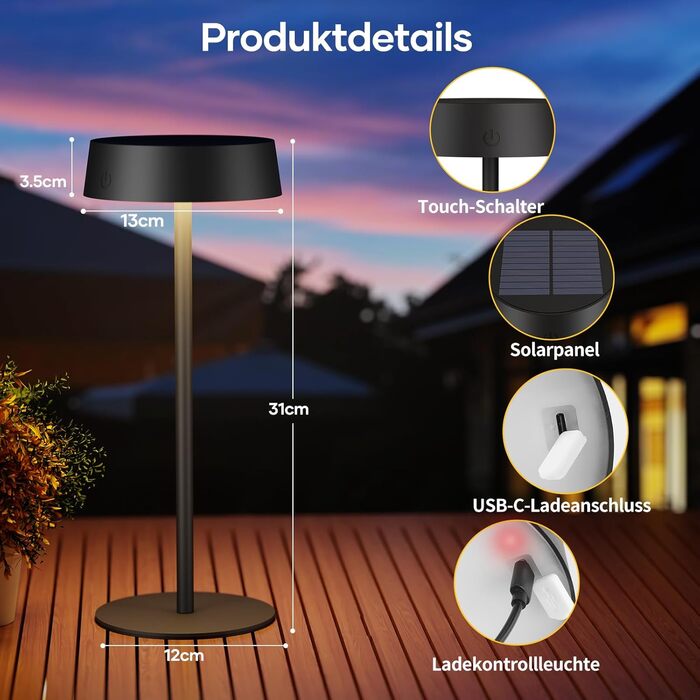 Сонярна LED-лампа Suright настільна бездротова, з USB-C зарядкою, регульована яскравість, 3 режими кольору, IP65 вологостійка, для дому та саду, чорна