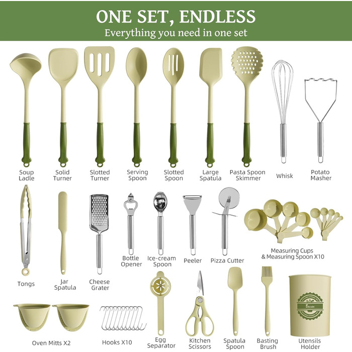 Набір кухонних аксесуарів Kikcoin 43 шт. – Силіконовий набір кухонних інструментів, безпечний для миття в посудомийній машині, лопатки для антипригарного посуду, стійкий до 230°C, кухонні помічники з підставкою, BPA-free, колір: авокадо