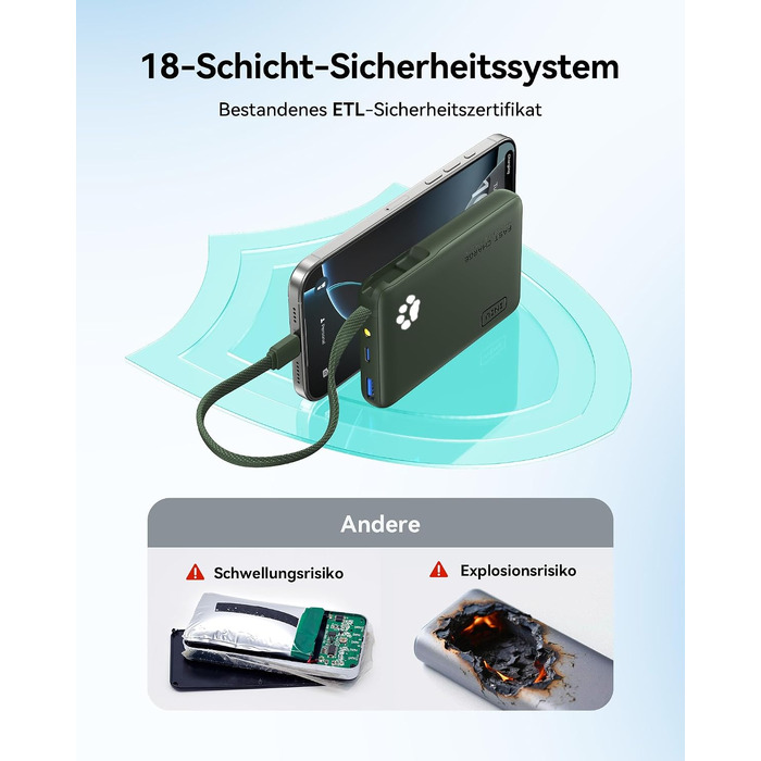 Повербанк INIU 10000mAh 45W з вбудованим кабелем USB-C, швидка зарядка, компактний зовнішній акумулятор для iPhone 17 16 Pro, Samsung S26 S25, Xiaomi, iPad, бежевий