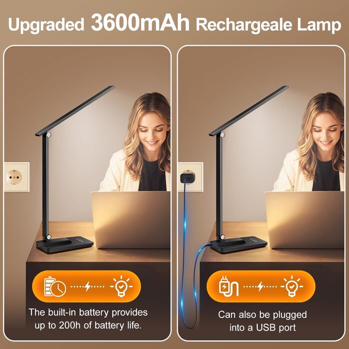 LED лампа настільна для дому та офісу, 15 режимів, денне світло, 1000LM, регулювання яскравості, 3600mAh, чорний колір