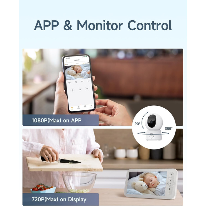 Дитячий відеомонітор Arenti з камерою та додатком, 5' дисплей, 1080P, PTZ, датчик температури, колискові, нічне бачення, 2-сторонній аудіо, VoX, автоматичне відстеження B2