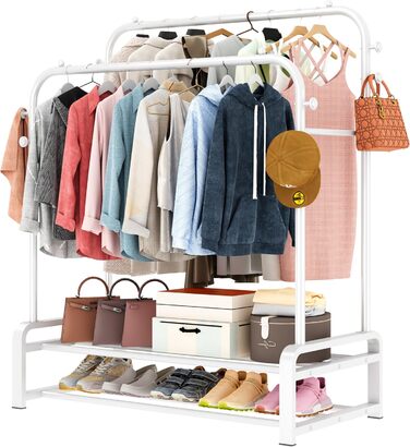 Freestanding clothes rack with double rod design, clothes hangers, 8 hooks, and 2 shoe shelves - Multifunctional wardrobe stand in white for the bedroom