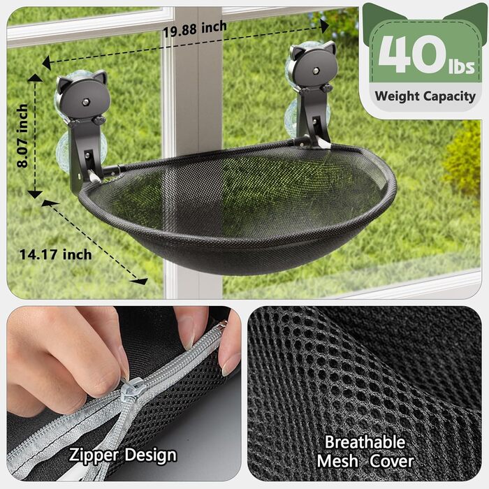 Cat Window Perch, Foldable & Stable Cat Beds - Breathable Cat Window Hammock for Monitoring, Sunbathing, and Climbing - Holds up to 18kg Maximum