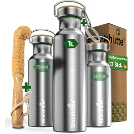 Blockhut Premium Stainless Steel Insulated Water Bottle | 1L | with Natural Bristle Brush | Insulated, Leak-Proof Bottle | Insulated Flask Dishwasher-Safe for University, Office | BPA Free